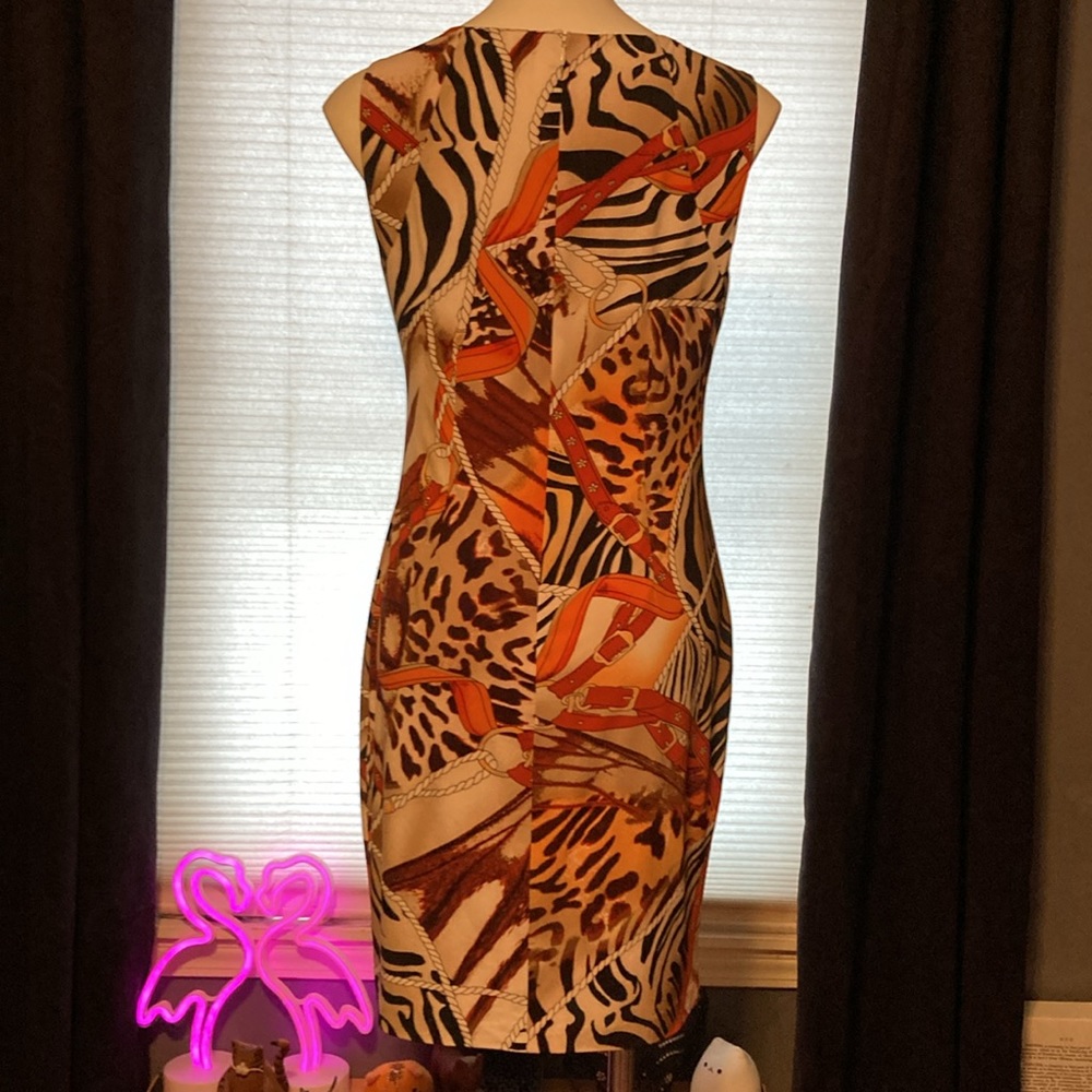 Caché chain lacing bodycon purse strap/animal print grommet dress size L - Picture 6 of 7
